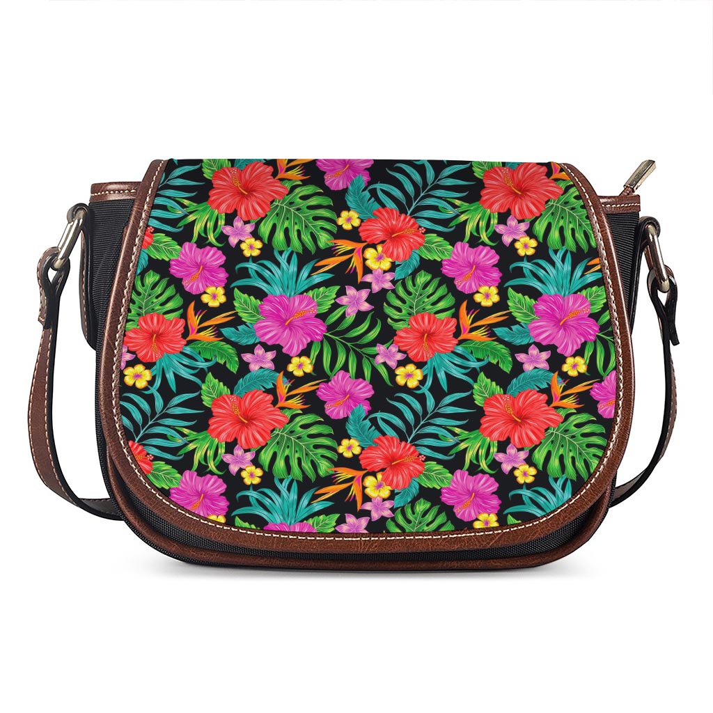 Colorful Hibiscus Flowers Pattern Print Saddle Bag