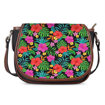 Colorful Hibiscus Flowers Pattern Print Saddle Bag