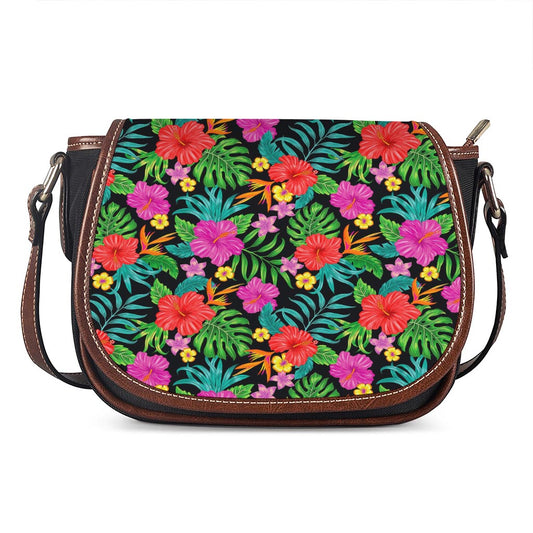 Colorful Hibiscus Flowers Pattern Print Saddle Bag