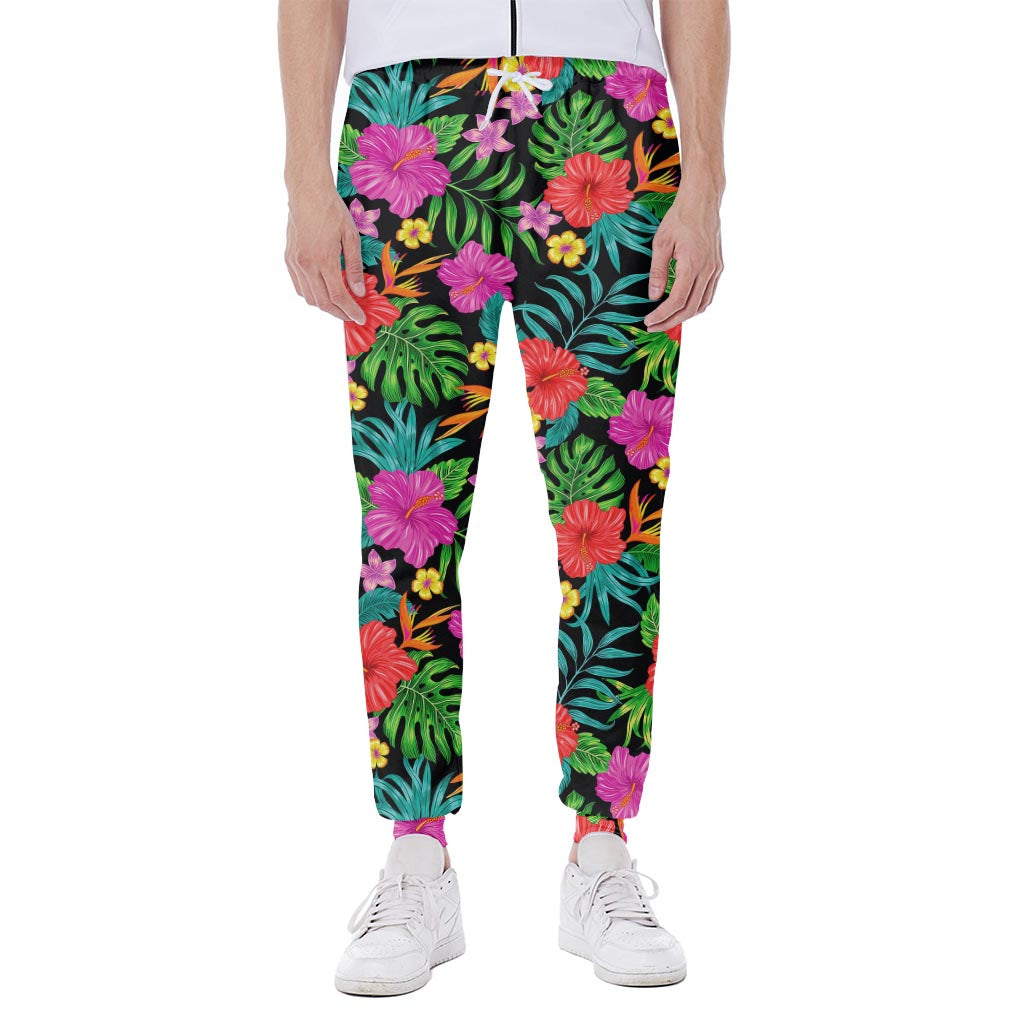Colorful Hibiscus Flowers Pattern Print Scuba Joggers