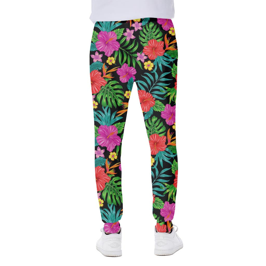 Colorful Hibiscus Flowers Pattern Print Scuba Joggers