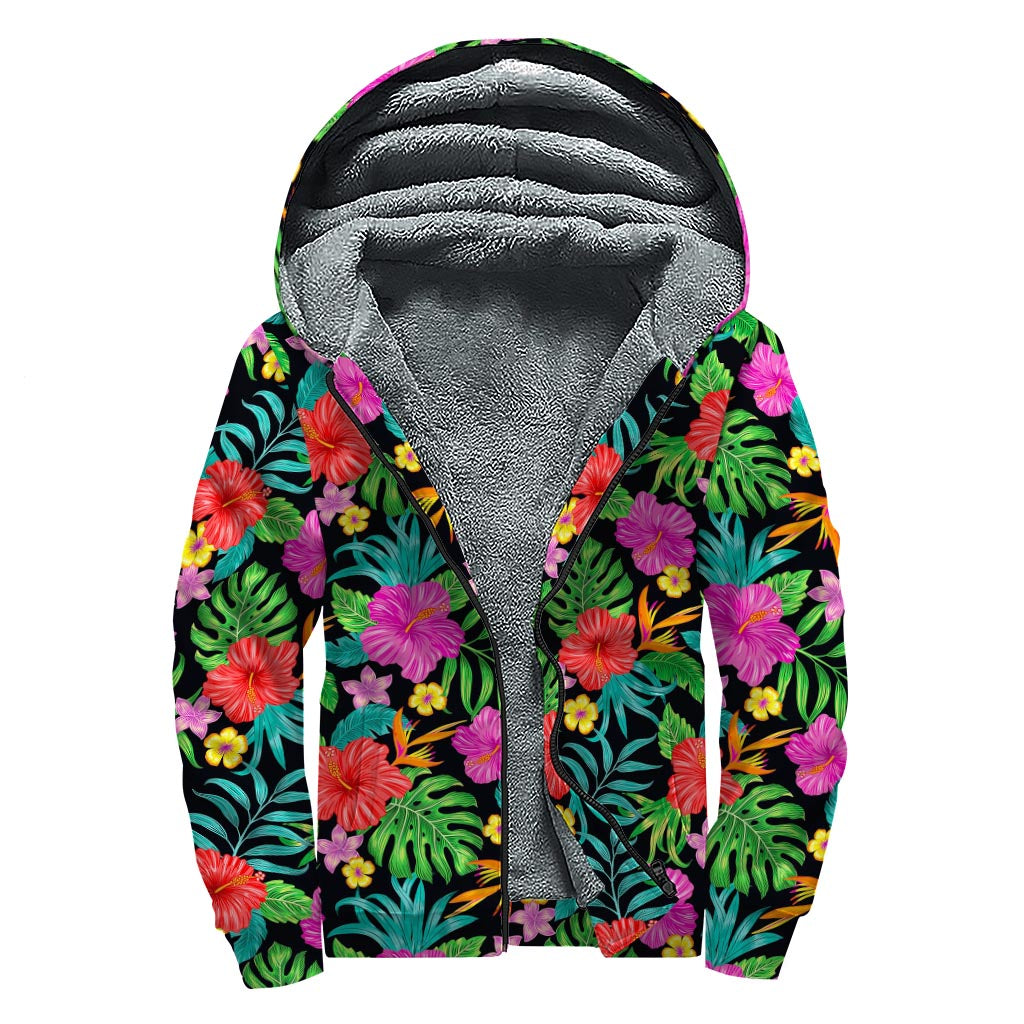 Colorful Hibiscus Flowers Pattern Print Sherpa Lined Zip Up Hoodie