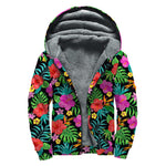 Colorful Hibiscus Flowers Pattern Print Sherpa Lined Zip Up Hoodie