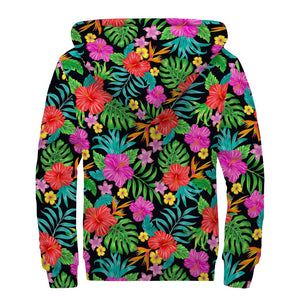 Colorful Hibiscus Flowers Pattern Print Sherpa Lined Zip Up Hoodie