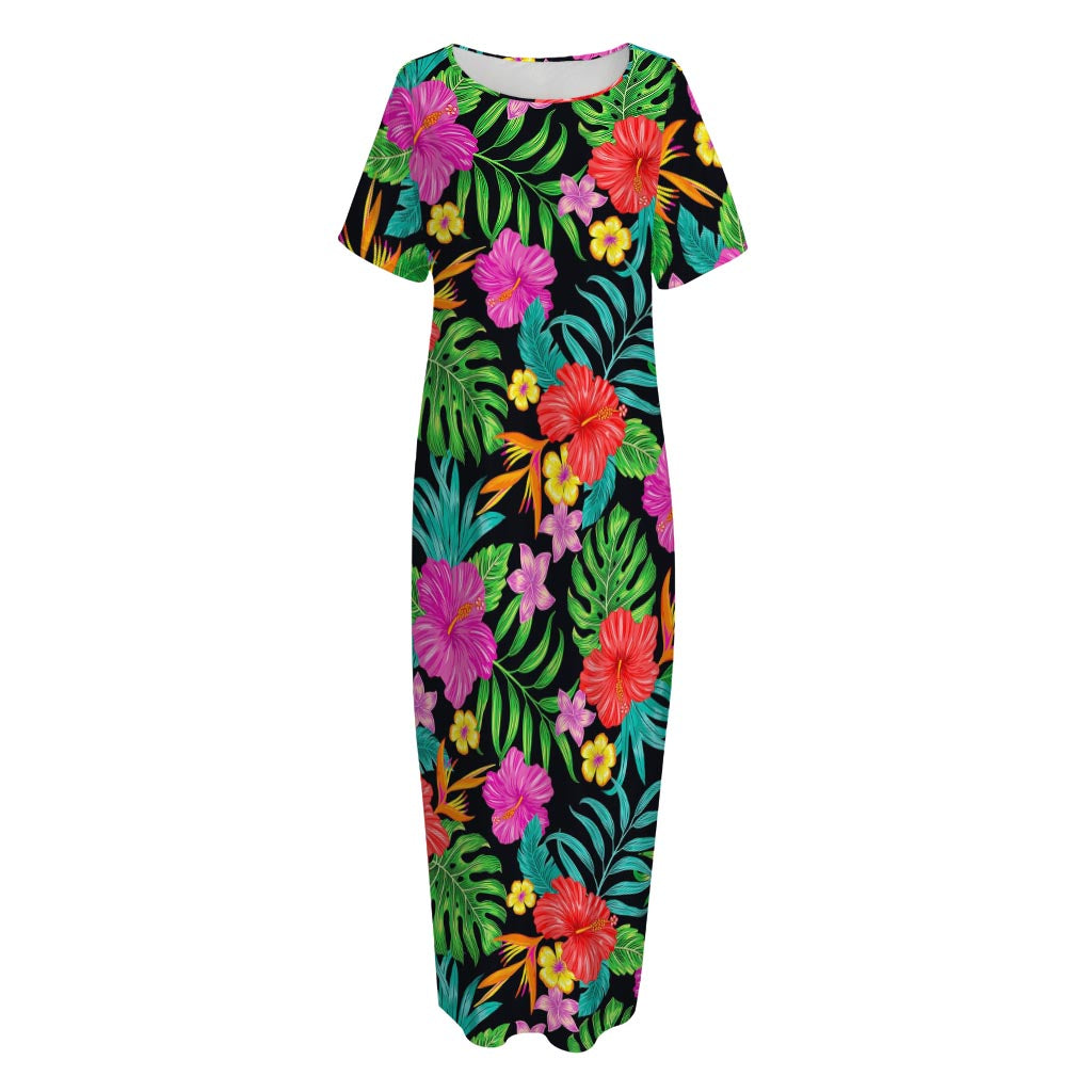 Colorful Hibiscus Flowers Pattern Print Short Sleeve Long Nightdress
