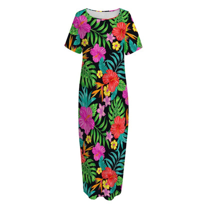Colorful Hibiscus Flowers Pattern Print Short Sleeve Long Nightdress