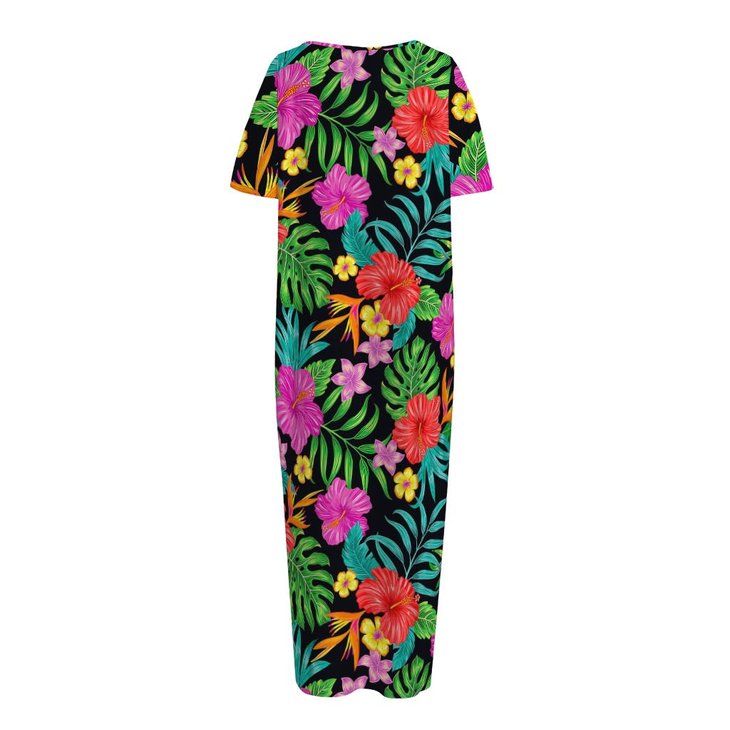 Colorful Hibiscus Flowers Pattern Print Short Sleeve Long Nightdress