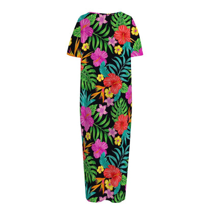 Colorful Hibiscus Flowers Pattern Print Short Sleeve Long Nightdress
