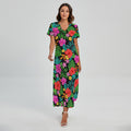 Colorful Hibiscus Flowers Pattern Print Short Sleeve Maxi Dress