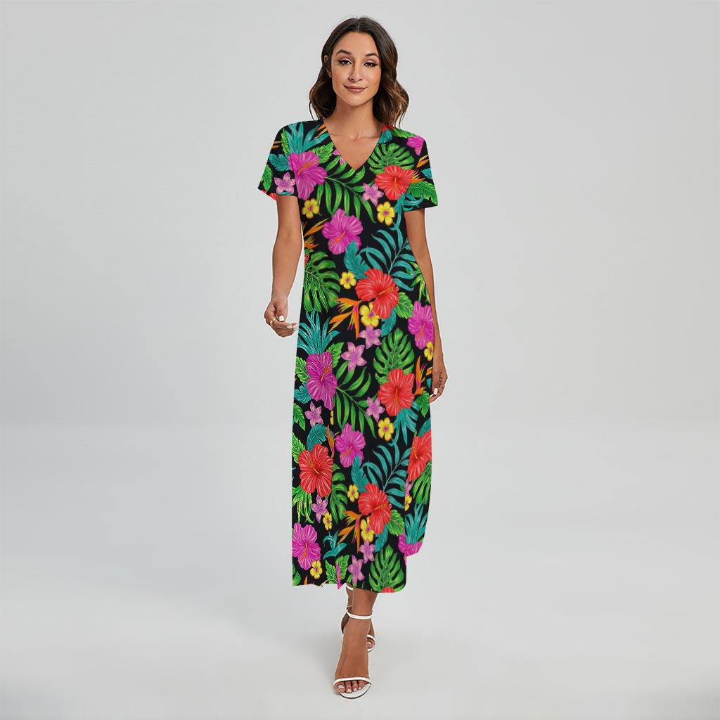 Colorful Hibiscus Flowers Pattern Print Short Sleeve Maxi Dress