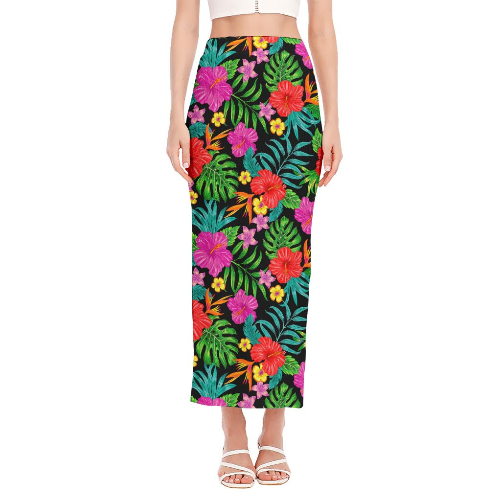 Colorful Hibiscus Flowers Pattern Print Side Slit Maxi Skirt