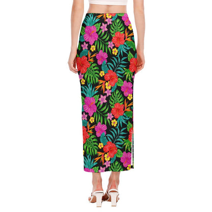 Colorful Hibiscus Flowers Pattern Print Side Slit Maxi Skirt