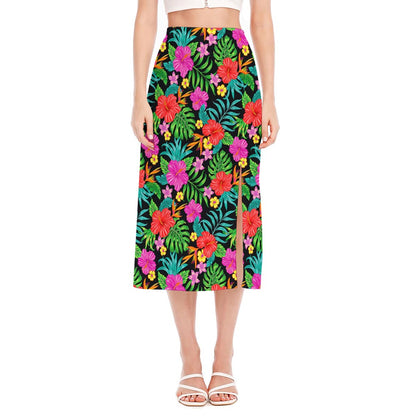 Colorful Hibiscus Flowers Pattern Print Side Slit Midi Skirt
