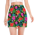 Colorful Hibiscus Flowers Pattern Print Side Slit Mini Skirt