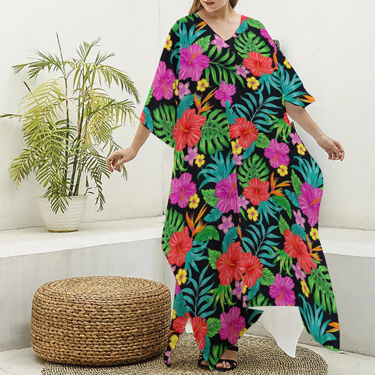 Colorful Hibiscus Flowers Pattern Print Silk V-Neck Kaftan Dress