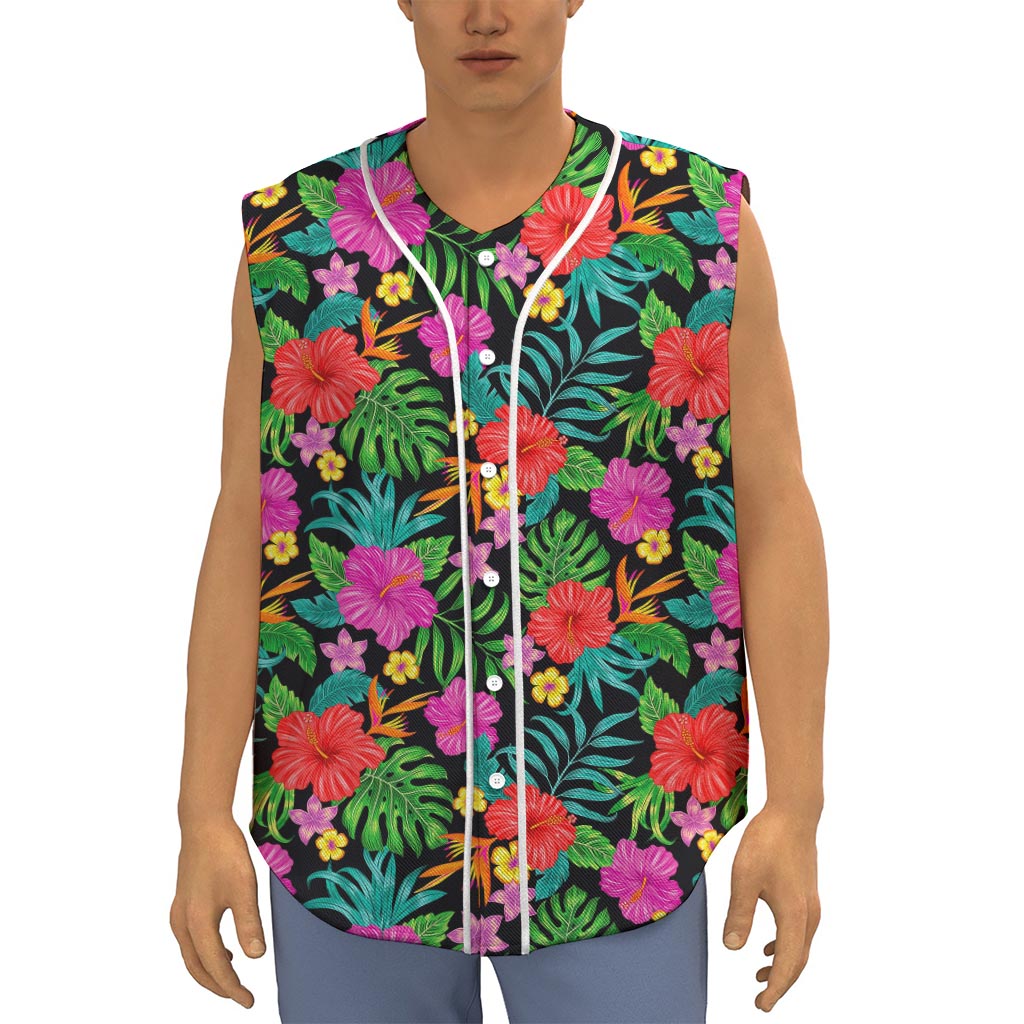 Colorful Hibiscus Flowers Pattern Print Sleeveless Baseball Jersey