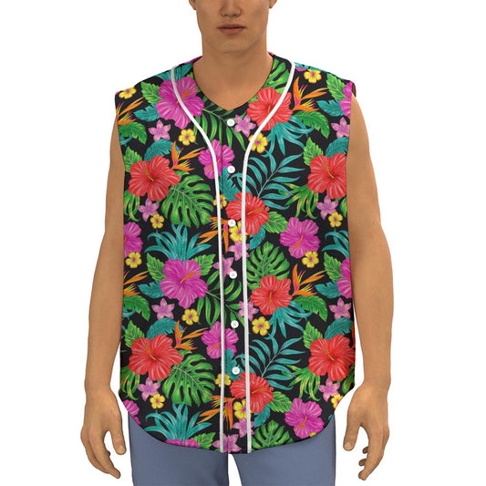 Colorful Hibiscus Flowers Pattern Print Sleeveless Baseball Jersey
