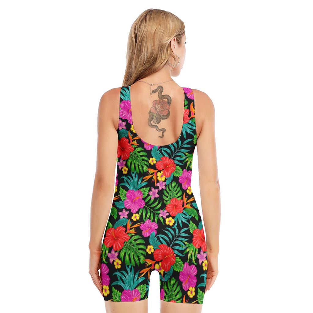 Colorful Hibiscus Flowers Pattern Print Sleeveless One Piece Swimsuit