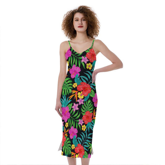 Colorful Hibiscus Flowers Pattern Print Slim Fit Midi Cami Dress