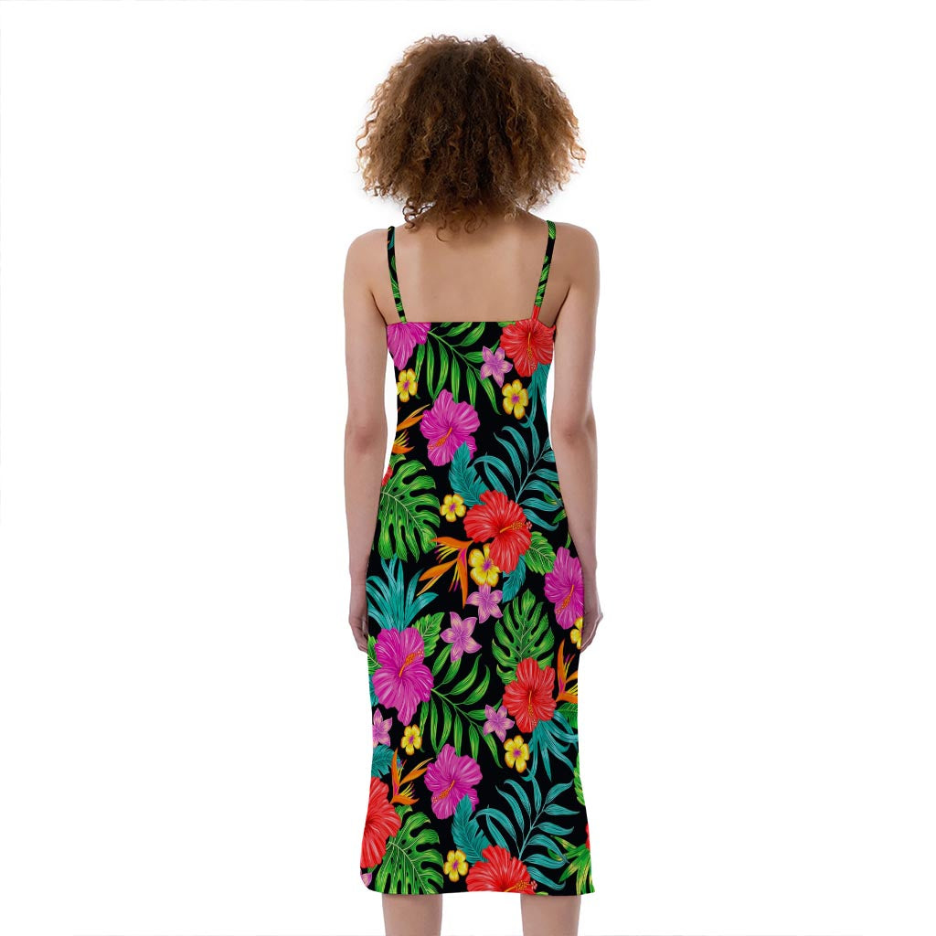 Colorful Hibiscus Flowers Pattern Print Slim Fit Midi Cami Dress