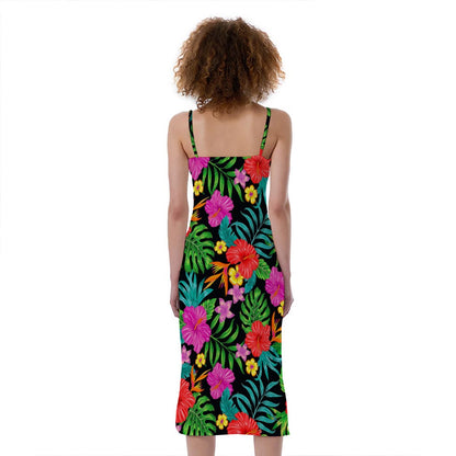 Colorful Hibiscus Flowers Pattern Print Slim Fit Midi Cami Dress