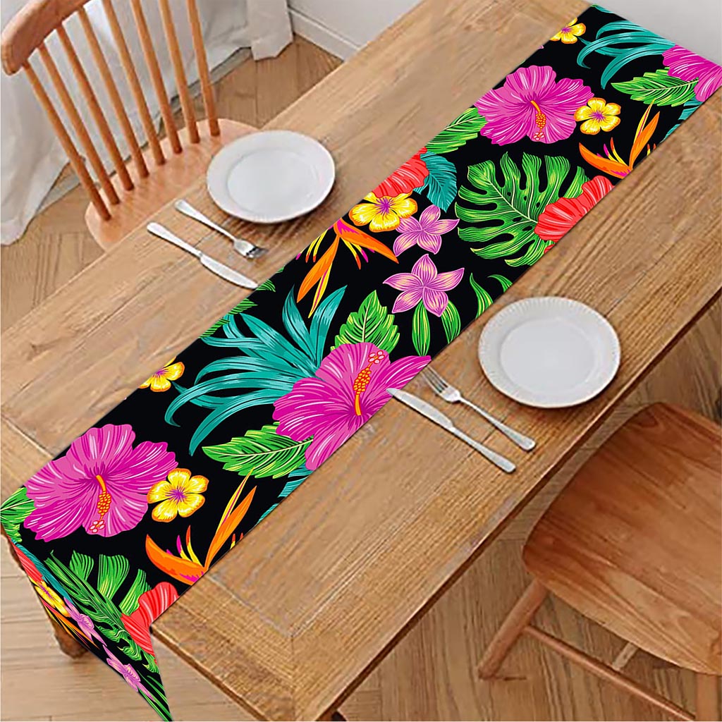 Colorful Hibiscus Flowers Pattern Print Table Runner