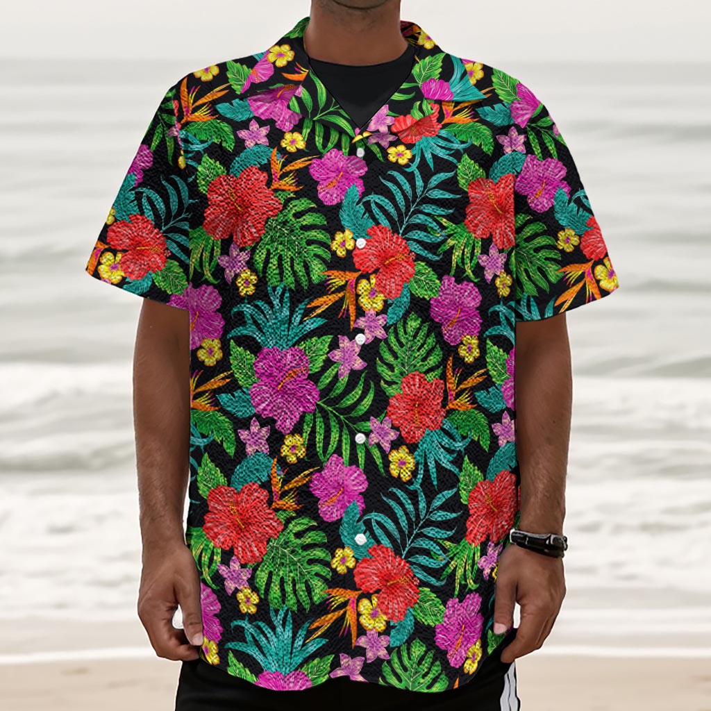 Colorful Hibiscus Flowers Pattern Print Textured Short Sleeve Shirt