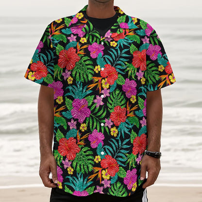Colorful Hibiscus Flowers Pattern Print Textured Short Sleeve Shirt