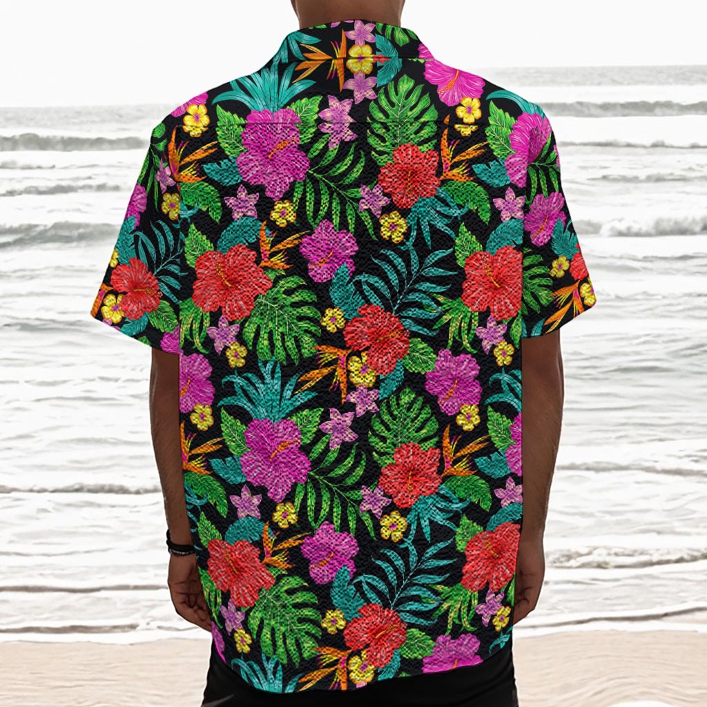 Colorful Hibiscus Flowers Pattern Print Textured Short Sleeve Shirt