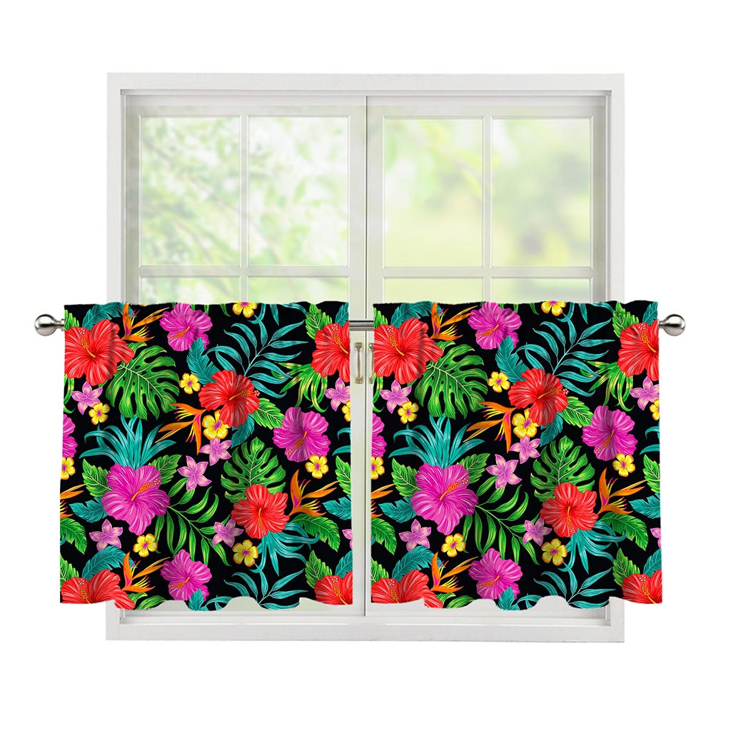 Colorful Hibiscus Flowers Pattern Print Tier Curtains