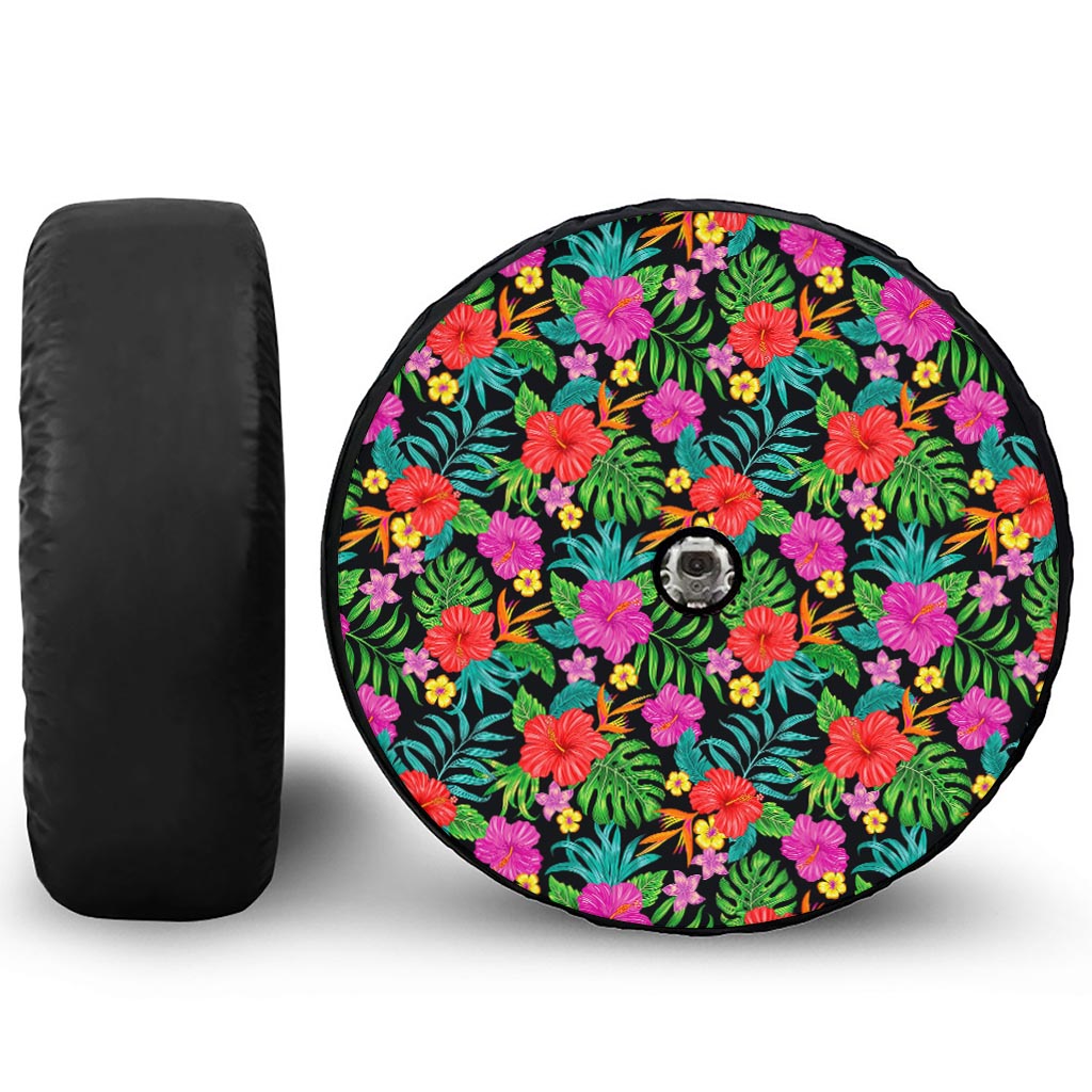 Colorful Hibiscus Flowers Pattern Print Tire Cover With Camera Hole