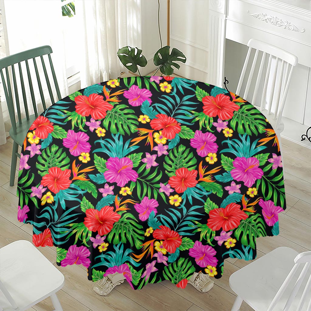Colorful Hibiscus Flowers Pattern Print Waterproof Round Tablecloth