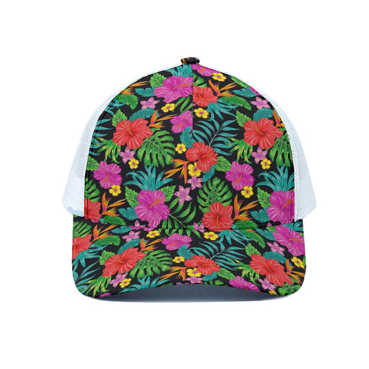 Colorful Hibiscus Flowers Pattern Print White Mesh Trucker Cap