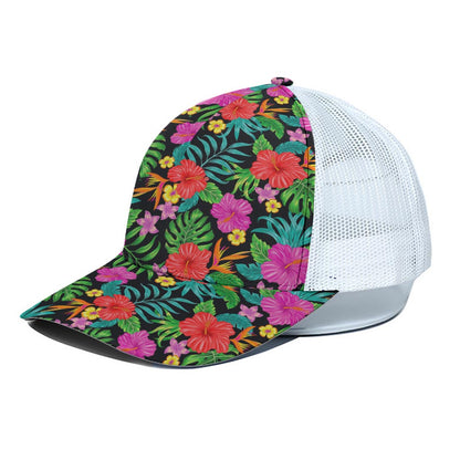 Colorful Hibiscus Flowers Pattern Print White Mesh Trucker Cap