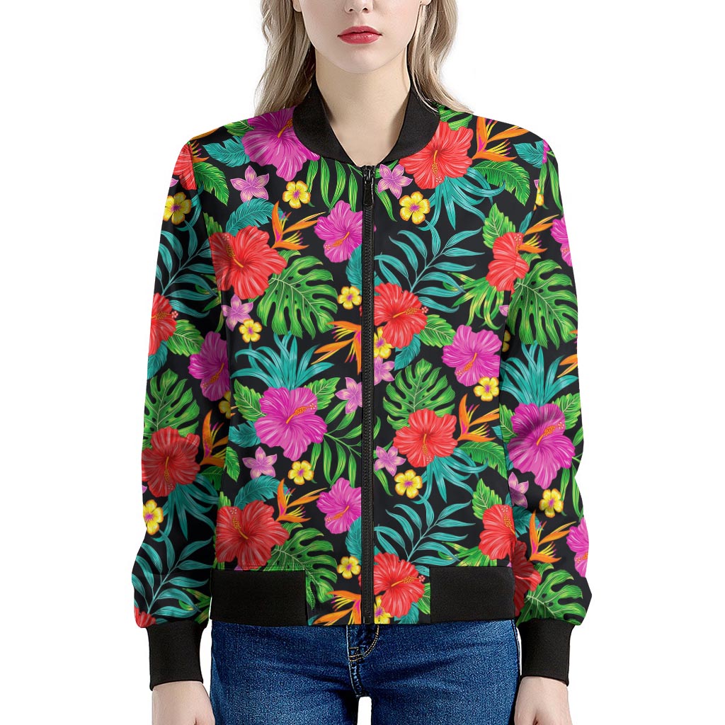 Colorful Hibiscus Flowers Pattern Print Women's Bomber Jacket