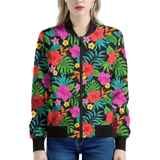 Colorful Hibiscus Flowers Pattern Print Women's Bomber Jacket