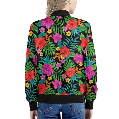 Colorful Hibiscus Flowers Pattern Print Women's Bomber Jacket