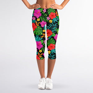 Colorful Hibiscus Flowers Pattern Print Women's Capri Leggings