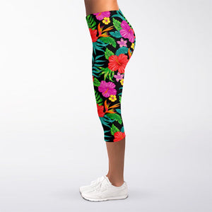 Colorful Hibiscus Flowers Pattern Print Women's Capri Leggings