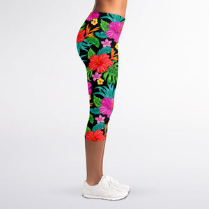 Colorful Hibiscus Flowers Pattern Print Women's Capri Leggings