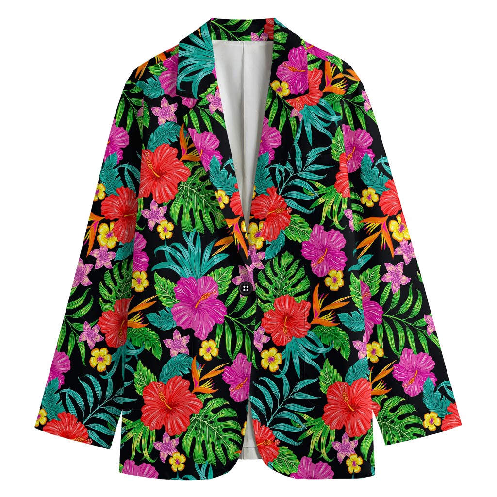 Colorful Hibiscus Flowers Pattern Print Women's Cotton Blazer