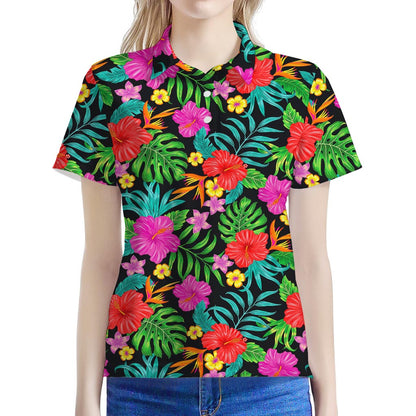 Colorful Hibiscus Flowers Pattern Print Women's Polo Shirt
