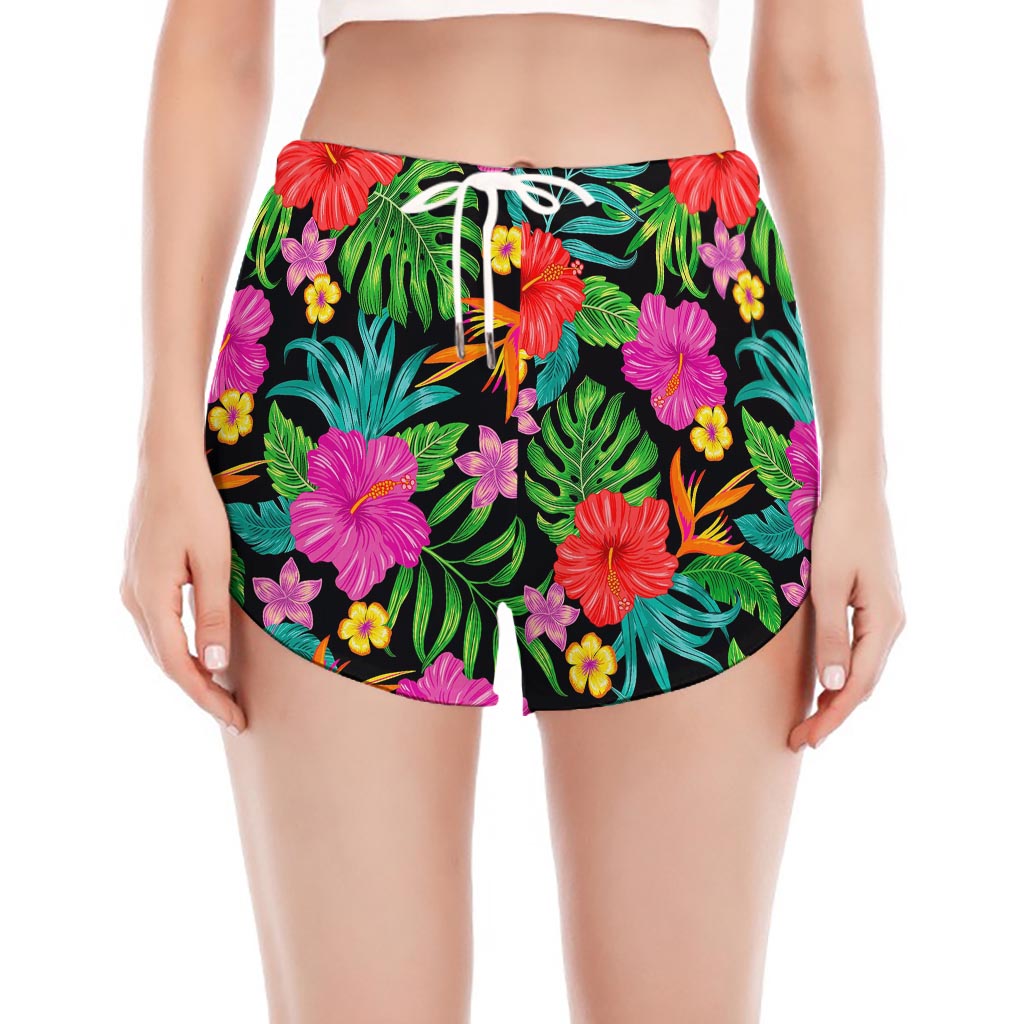 Colorful Hibiscus Flowers Pattern Print Women's Split Running Shorts