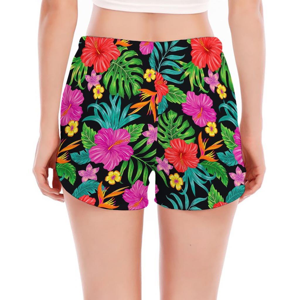 Colorful Hibiscus Flowers Pattern Print Women's Split Running Shorts
