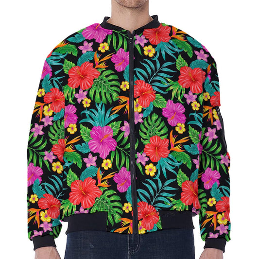 Colorful Hibiscus Flowers Pattern Print Zip Sleeve Bomber Jacket