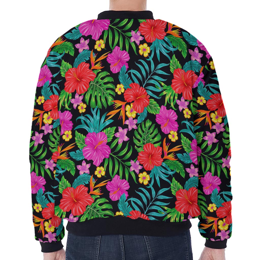 Colorful Hibiscus Flowers Pattern Print Zip Sleeve Bomber Jacket
