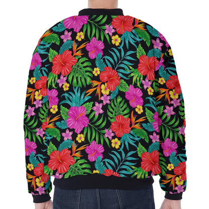 Colorful Hibiscus Flowers Pattern Print Zip Sleeve Bomber Jacket