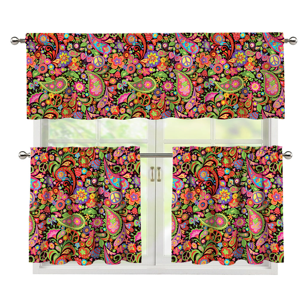 Colorful Hippie Peace Signs Print 3 Piece Kitchen Curtains