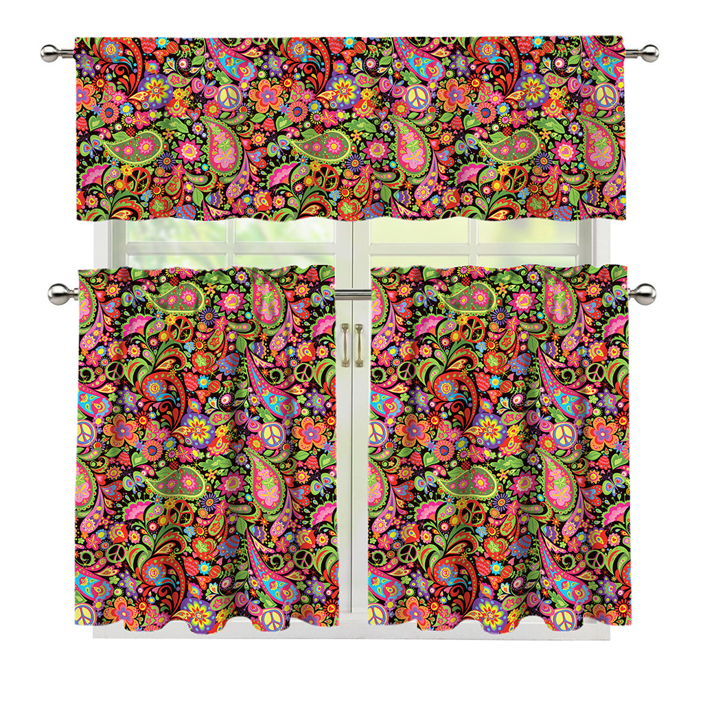 Colorful Hippie Peace Signs Print 3 Piece Kitchen Curtains