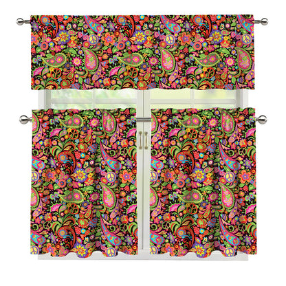 Colorful Hippie Peace Signs Print 3 Piece Kitchen Curtains